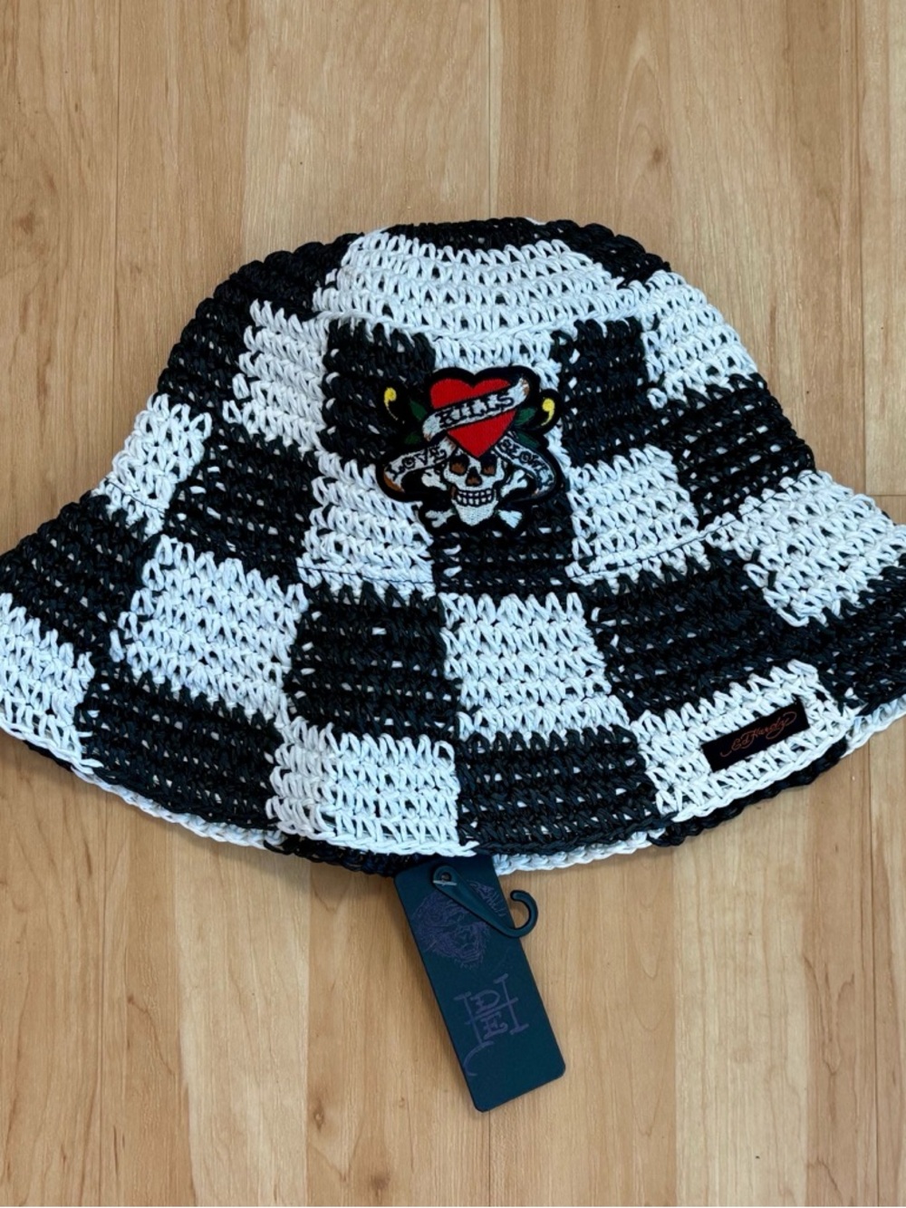 ED HARDY White/Black Checkered Straw Bucket Sun Hat
